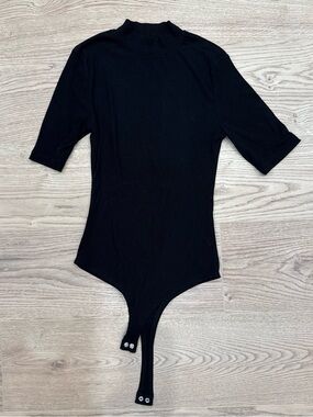 Black Ribbed Mock Neck Short Sleeve Bodysuit